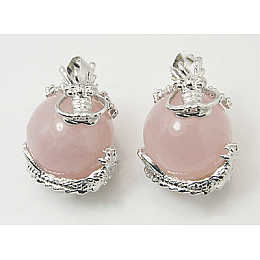 Honeyhandy Natural Rose Quartz Pendants, with Brass Findings, Dragon with Round, Pink, 33x22mm, Hole: 5mm