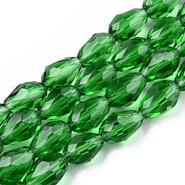 Honeyhandy Glass Beads Strands, Faceted, Drop, Green, 11x8mm, Hole: 1mm, about 57~59pcs/strand, 26.38~26.77 inch