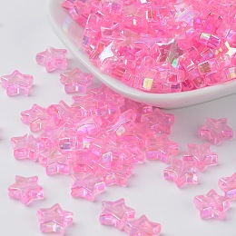 Honeyhandy Eco-Friendly Transparent Acrylic Beads, Star, Pink, AB Color, about 10mm in diameter, 4mm thick, hole:1.5mm. about 2140pcs/500g