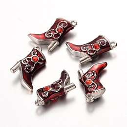 Honeyhandy Alloy Enamel Pendants, Cadmium Free & Lead Free, with Rhinestones, Platinum Color, Boot, Dark Red, about 16mm wide, 21mm long, hole: 1mm