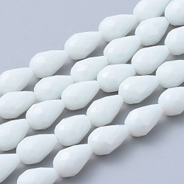 Honeyhandy Glass Beads Strands, Imitation Jade Beads, Faceted, teardrop, White, 15x10mm, Hole: 2mm, 50pcs/strand, 30.5 inch