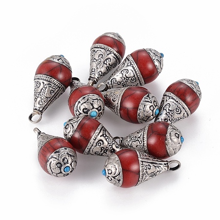 Honeyhandy Handmade Tibetan Style Pendants, with Synthetic Coral, teardrop, Red, Antique Silver, 32~34x14~15mm, Hole: 3mm