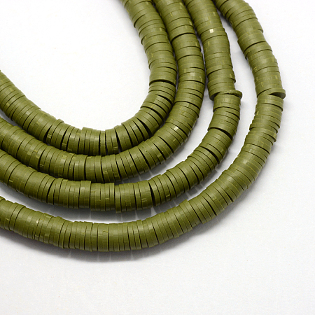 Honeyhandy Eco-Friendly Handmade Polymer Clay Beads, Disc/Flat Round, Heishi Beads, Dark Olive Green, 6x1mm, Hole: 2mm, about 380~400pcs/strand, 17.7 inch