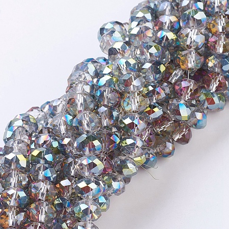 Faceted Electroplate Glass Rondelle Bead Strands, Rainbow Plated, Turquoise, Size: about 8mm in diameter, 6mm thick, hole: 1mm; about 68~70pcs/strand