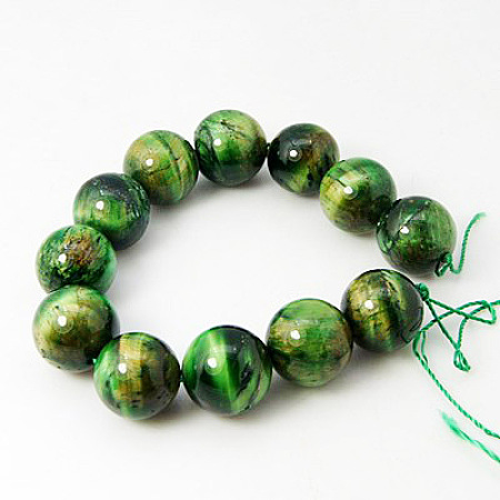 Honeyhandy Natural Green Tiger Eye Beads Strands, Dyed & Heated, Round, Green, 10mm, Hole: 1mm, about 19pcs/strand, 7.8 inch