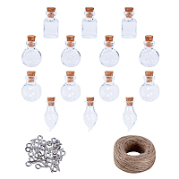 PandaHall Elite 40pcs Mixed shape Glass Jars Bottles with Cork Stoppers Wish Bottles, 40pcs Eye Screws, 30 Meters Twine