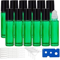 BENECREAT 10ml 20 Packs Green Glass Roller Bottles Oils Roll on Bottles with Glass Roller Balls 10pcs 3ml Droppers, 4pcs Hopper, 1pc Opener for Aromatherap Essential Oil