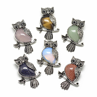 Synthetic & Natural Natural & Synthetic Mixed Stone Big Pendants, with Alloy Findings, Owl, Antique Silver, 50x34.5x9mm, Hole: 5x9mm