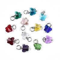 Faceted Transparent Glass Charms, with Iron Jump Ring, Butterfly, Mixed Color, 13~14x9.8x6mm, Hole: 4mm