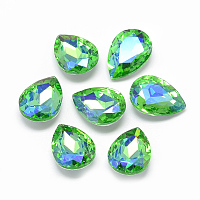 Honeyhandy Pointed Back Glass Rhinestone Cabochons, Back Plated, Faceted, AB Color Plated, teardrop, Light Green, 14x10x5mm