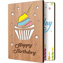 FINGERINSPIRE Happy Birthday Card Real Bamboo Wood Greeting Card with Hollow Cake & Star and Engraved Words Design, Handmade Handwritten Card with Envelope for Sending Birthday Wishes