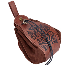 GORGECRAFT Medieval Leather Drawstring Pouch Vintage Printed Waist Bag Portable Brown Fanny Pack Dice Coin Purse for Women Men Hiking Waist Packs Costume Accessories, Wolf Hammer Pattern