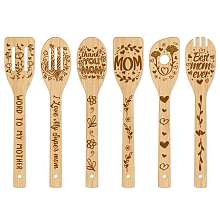 GLOBLELAND 6Pcs Bamboo Spoons & Knifes & Forks, Flatware for Dessert, Word, 60x300mm, 6 style, 1pc/style, 6pcs/set