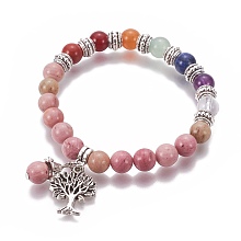 Honeyhandy Chakra Jewelry, Natural Rhodochrosite Bracelets, with Metal Tree Pendants, 50mm