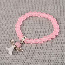 Honeyhandy Stretchy Frosted Glass Beads Kids Charm Bracelets for Children's Day, with Tibetan Style Acrylic Findings, Lovely Wedding Dress Angel Dangle, Antique Silver, Pink, 40mm