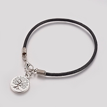 Honeyhandy Unisex Charm Bracelets, with Cowhide Leather Cord, Tibetan Style Alloy Pendants and Lobster Claw Clasps, Flat Round with Tree of Life, Black, 7-1/4 inch~7-1/2 inch(18.5~19cm)