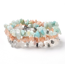 Honeyhandy Chips Natural Rutilated Quartz & Flower Amazonite & Sunstone Beaded Stretch Bracelets Sets, Stackable Bracelets, Inner Diameter: 2-1/8 inch(5.5cm), 3pcs/set