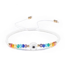 Honeyhandy Lampwork Evil Eye & Glass Beaded Bracelet, Braided Adjustable Bracelet for Women, White, Inner Diameter: 2-1/2~3-7/8 inch(6.2~9.7cm)