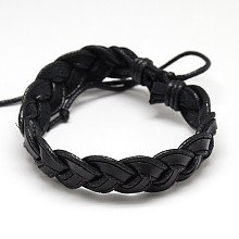 Honeyhandy Trendy Unisex Casual Style Braided Waxed Cord and Leather Bracelets, Black, 58mm