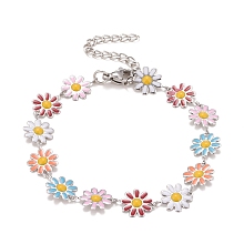 Honeyhandy Enamel Daisy Link Chains Bracelet, 304 Stainless Steel Jewelry for Women, Stainless Steel Color, Colorful, 7-1/4 inch(18.4cm)