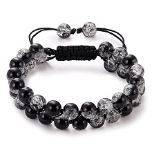 Sparkling Round Glass Braided Bead Bracelet, Double Layered Wrap Adjustable Bracelet for Women, Black, Inner Diameter: 2~3-1/8 inch(5~7.8cm)