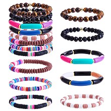 Honeyhandy 8Pcs 6 Style Synthetic Imperial Jasper & GLass Beaded Stretch Bracelets Set, Polymer Clay Heishi Surfer  Bracelets, Acrylic Curved Tube Chunky Bracelets for Women, Black, Inner Diameter: 2-1/8 inch(5.5cm)