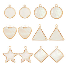 12Pcs 6 Styles Natural Shell Pendants, Geomatric Charms, with Golden Tone Alloy and Brass Findings, Flat Round & Star & Rhombus, Mixed Shapes, White, 14~18.5x12~17x2~5.5mm, Hole: 1.2~1.6mm, 2pcs/style