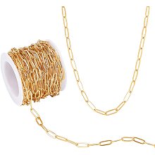 AHANDMAKER 16.4 Ft 18K Gold Plated Stainless Steel Chains Flat Paperclip Link Chains, 4 mm Oval Cable Link Chains Drawn Elongated Cable Chains with Spool, for Women Bracelet DIY Jewelry Making