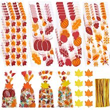 BENECREAT 100 Sets Autumn Maple Pumpkin Candy Bags, Rectangular Plastic Candy Bags, Thanksgiving Themed Candy Bags with 100pcs Maple Leaf Gift Tags for Party Gift Wrapping, 10.9x4.9inch