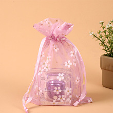 Honeyhandy Rectangle Organza Drawstring Bags, Embroidery Flower Pattern, Flamingo, 14x10cm