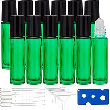 BENECREAT 10ml 20 Packs Green Glass Roller Bottles Oils Roll on Bottles with Glass Roller Balls 10pcs 3ml Droppers, 4pcs Hopper, 1pc Opener for Aromatherap Essential Oil