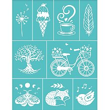 OLYCRAFT 2Pcs Self-Adhesive Silk Screen Printing Stencil Ice Cream Tree Bike Bird Fox Butterfly Mesh Transfers Silk Screen Reusable Stencil for Painting on Wood T-Shirt Fabric Bags - 11x8.5 Inch