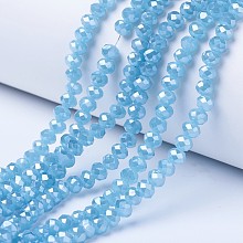 Honeyhandy Electroplate Glass Beads Strands, Imitation Jade Beads, Pearl Luster Plated, Faceted, Rondelle, Light Sky Blue, 4x3mm, Hole: 0.4mm, about 123~127pcs/strand, 17~17.5 inch(43~44cm)