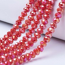 Arricraft Electroplate Glass Beads Strands, Opaque Solid Color, AB Color Plated, Faceted, Rondelle, Red, 8x6mm, Hole: 1mm; about 68pcs/strand, 15.5 inches(38.75cm)