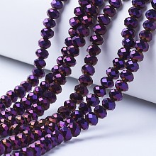 Honeyhandy Electroplate Transparent Glass Beads Strands, Full Plated, Faceted, Rondelle, Purple Plated, 4x3mm, Hole: 0.4mm, about 123~127pcs/strand, 16.5~16.9 inch(42~43cm)