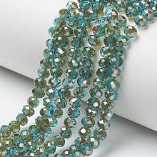 Honeyhandy Electroplate Glass Beads Strands, Half Plated, Rainbow Plated, Faceted, Rondelle, Medium Turquoise, 6x5mm, Hole: 1mm, about 85~88pcs/strand, 16.1~16.5 inch(41~42cm)