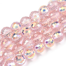 Honeyhandy Transparent Electroplate Glass Beads Strands, Faceted, Half AB Color Plated, Round, Pink, 8x7~7.5mm, Hole: 1.0mm, about 71~72 pcs/strand, 20.20~21.85 inch(51.3~55.5cm)