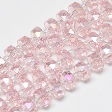 Honeyhandy Electroplate Glass Beads Strands, Rainbow Plated, Faceted, Flat Round, Pink, 10x6mm, Hole: 1.5mm, about 60pcs/strand, 18.9 inch