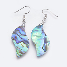 Honeyhandy Abalone Shell/Paua Shell Dangle Earrings, with Brass Findings, Platinum, 60.5~61mm, Pin: 0.7mm