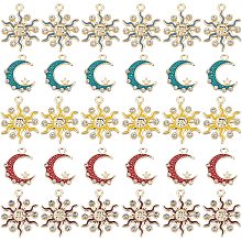 BENECREAT 30Pcs Sun and Moon with Star Alloy Enamel Pendants, 5 Style Light Gold Jewelry Making Charms with Crystal Rhinestone for DIY Crafting Making Supplies