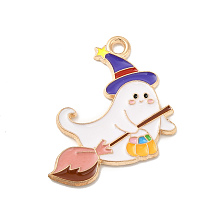 Honeyhandy Halloween Theme Alloy Enamel Pendants, Light Gold, Ghost Pattern, 26x19x1mm, Hole: 1.6mm