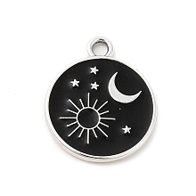 Honeyhandy Alloy Enamel Pendants, Platinum, Flat Round Charm, Moon Pattern, 20x18x1.5mm, Hole: 2mm