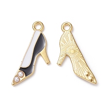 Golden Tone Alloy Enamel Pendants, with Plastic Imitation Pearls Bead, High Heel Charm, Black, 25.5x12.5x2mm, Hole: 2mm