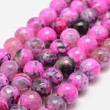 Honeyhandy Faceted Natural Fire Crackle Agate Beads Strands, Round, Dyed & Heated, Hot Pink, 10mm, Hole: 1.5mm, about 38pcs/strand, 14 inch(35.6cm)