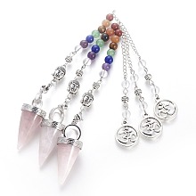 Honeyhandy Chakra Jewelry Natural Rose Quartz Cone Dowsing Pendulums, with Brass Finding and Alloy Chain, Antique Silver, 235~245x2.5mm