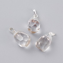 Honeyhandy Natural Quartz Crystal Pendants, with Brass Bails, Faceted, Teardrop, Silver Color Plated, 19~21x12~14x11~15mm, Hole: 5x3mm