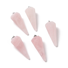 Honeyhandy Natural Rose Quartz Pendants, with Platinum Plated Brass Findings, Faceted, Cone, 35~36x13~14x12~12.5mm, Hole: 2.7x6.5mm