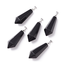 Honeyhandy Natural Black Obsidian Pointed Pendants, with Platinum Plated Brass Loops, Bullet, 35.3~38x13~14mm, Hole: 6.5x2.8mm