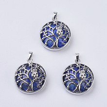 Honeyhandy Natural Lapis Lazuli Pendants, with Brass Findings, Flat Round with Tree of Life, Platinum, 31~32x27x8~9mm, Hole: 5x7mm