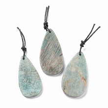 Honeyhandy Natural Flower Amazonite Big Pendants, with Leather Strap, Teardrop, 50~57x27~30x7~7.5mm, Hole: 2mm